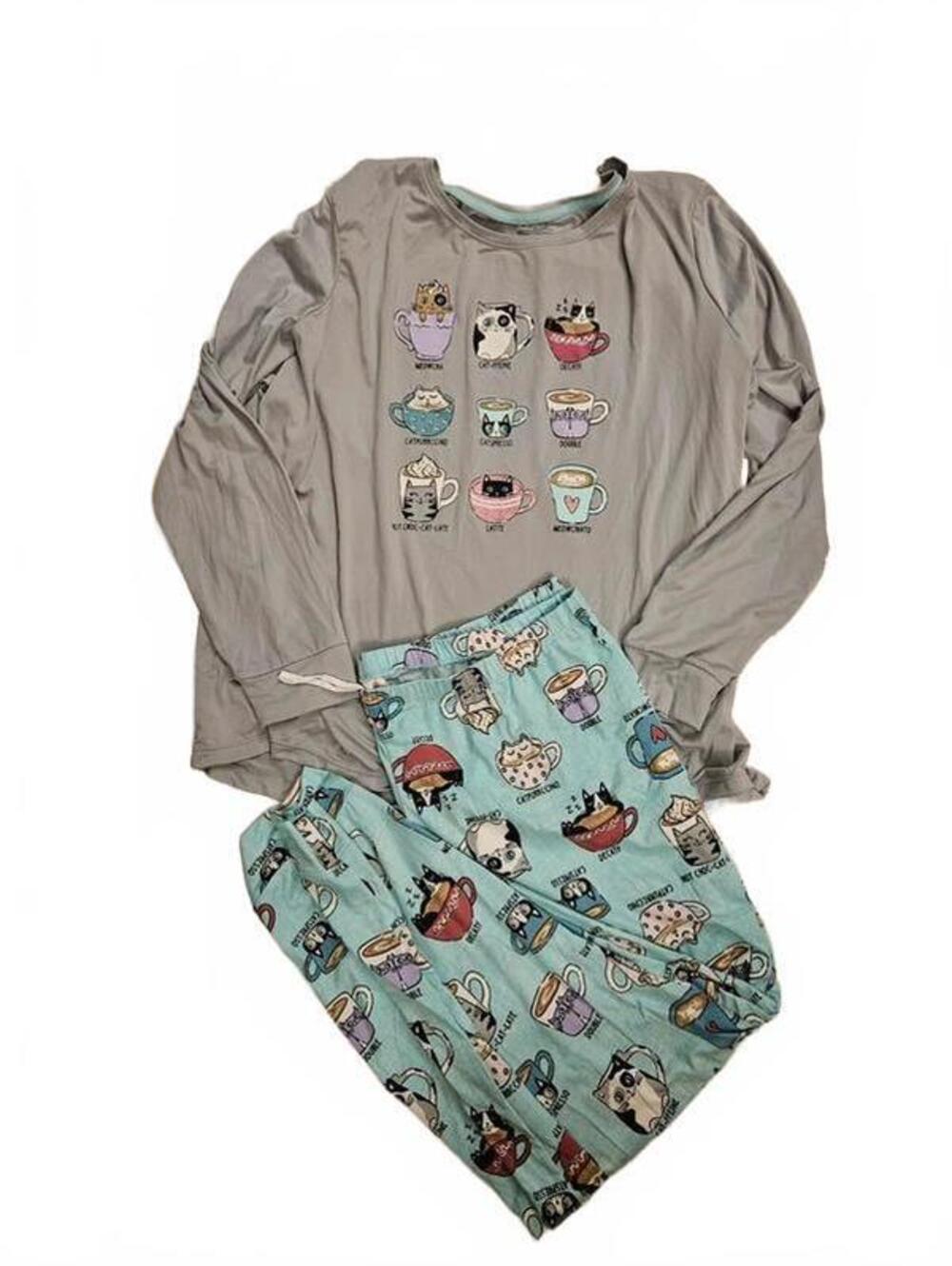 Secret Treasures Cat Coffee Pajama Set Small NWT Long Sleeve Lounge PJ